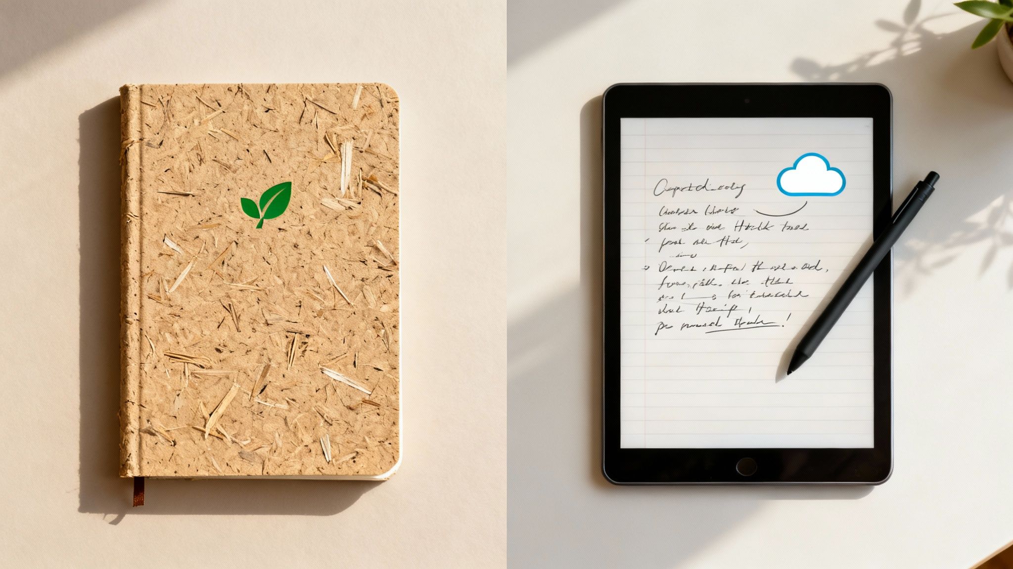 7 Best Notebooks for Students: Top Picks for Every Budget 3 A sustainable notebook with a green leaf logo next to a digital tablet with a stylus and a cloud icon.