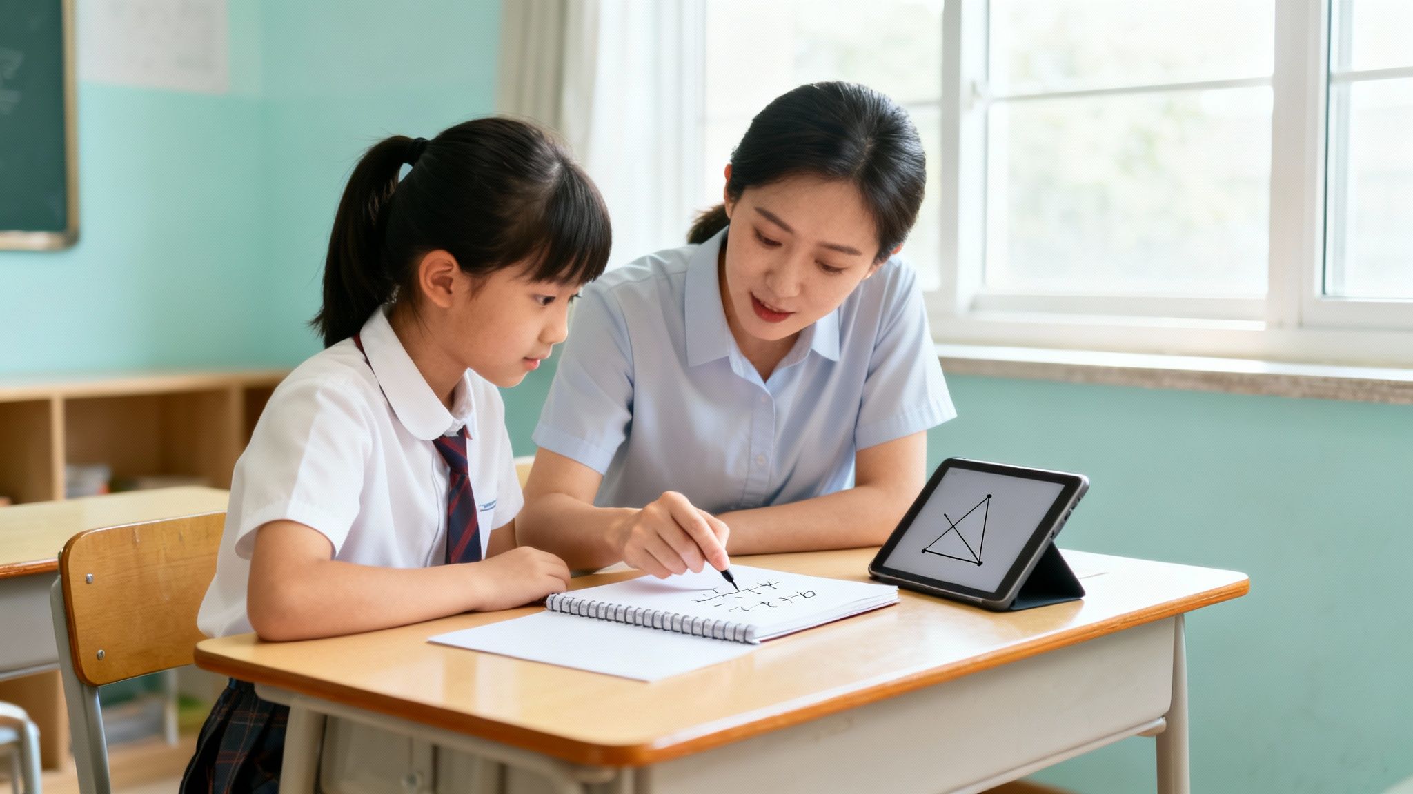 A teacher helps a young student with math, writing in a notebook next to a tablet.