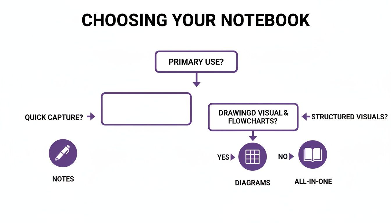7 Best Notebooks for Students: Top Picks for Every Budget 1 A flowchart guiding the choice of a notebook based on primary use: quick capture for notes, structured visuals for diagrams, or all-in-one.
