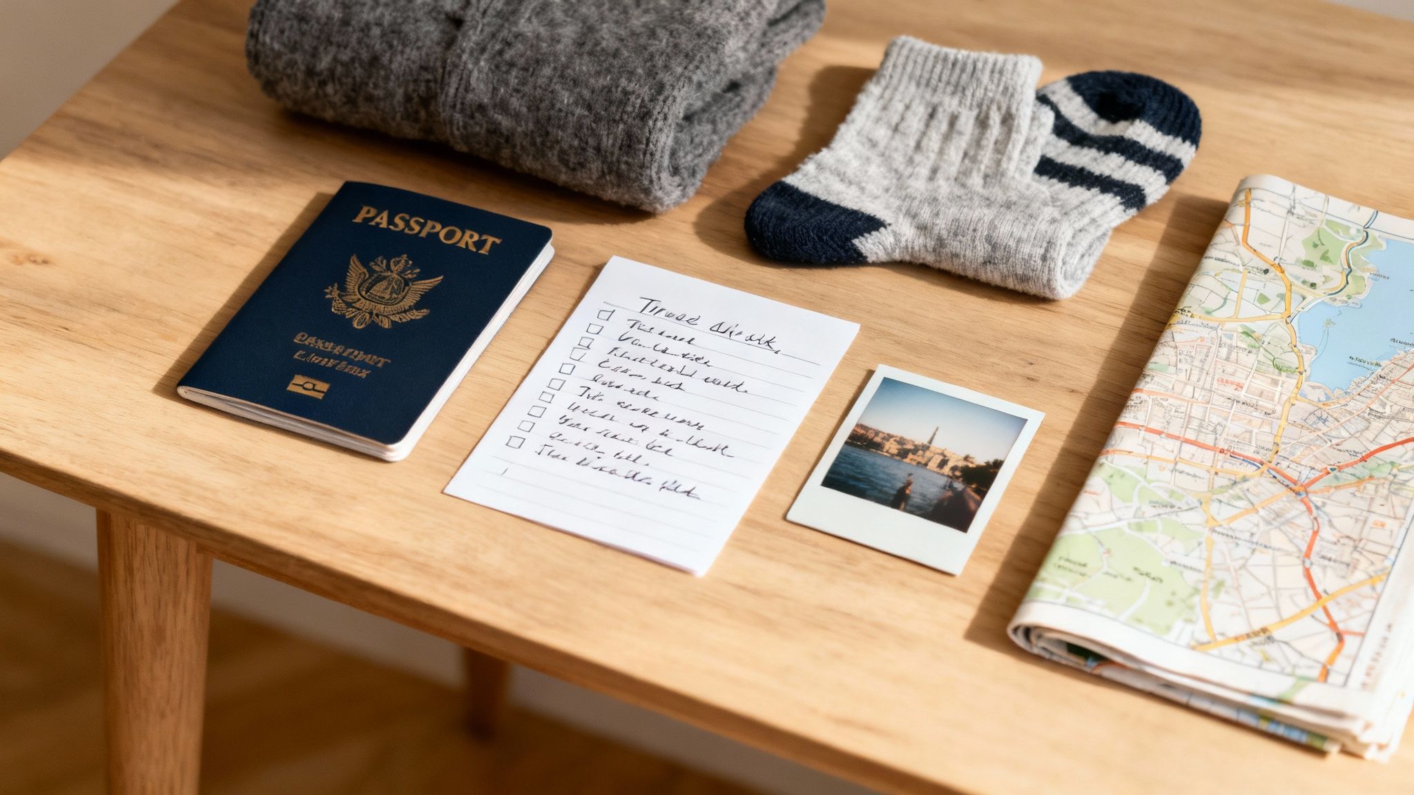 How to Combat Homesickness and Thrive in a New Place 2 A travel flat lay featuring a passport, folded clothes, map, checklist, and photo on a wooden table, ready for a trip.