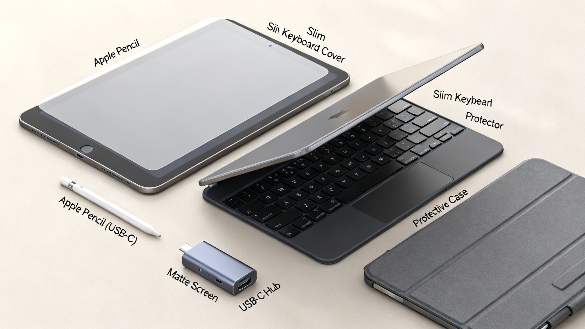 A flat lay of various Apple iPad accessories including a tablet, keyboard cover, protective case, Apple Pencils, and a USB-C hub on a light surface.