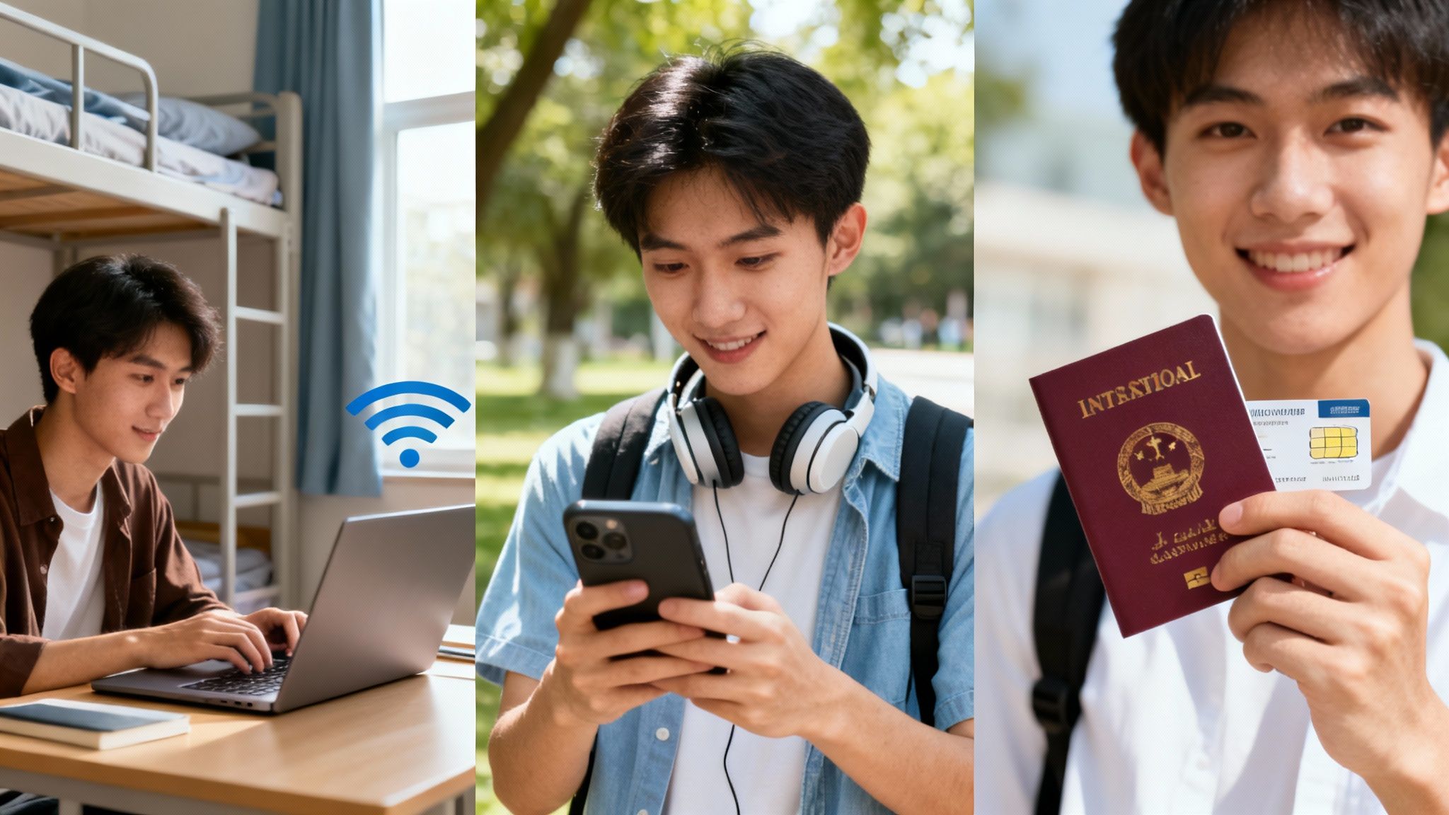 Finding the Best Cheap Phone Plans for Students 3 A young student using a laptop with Wi-Fi, smartphone, and holding a passport with a SIM card, depicting modern student life and global connectivity.