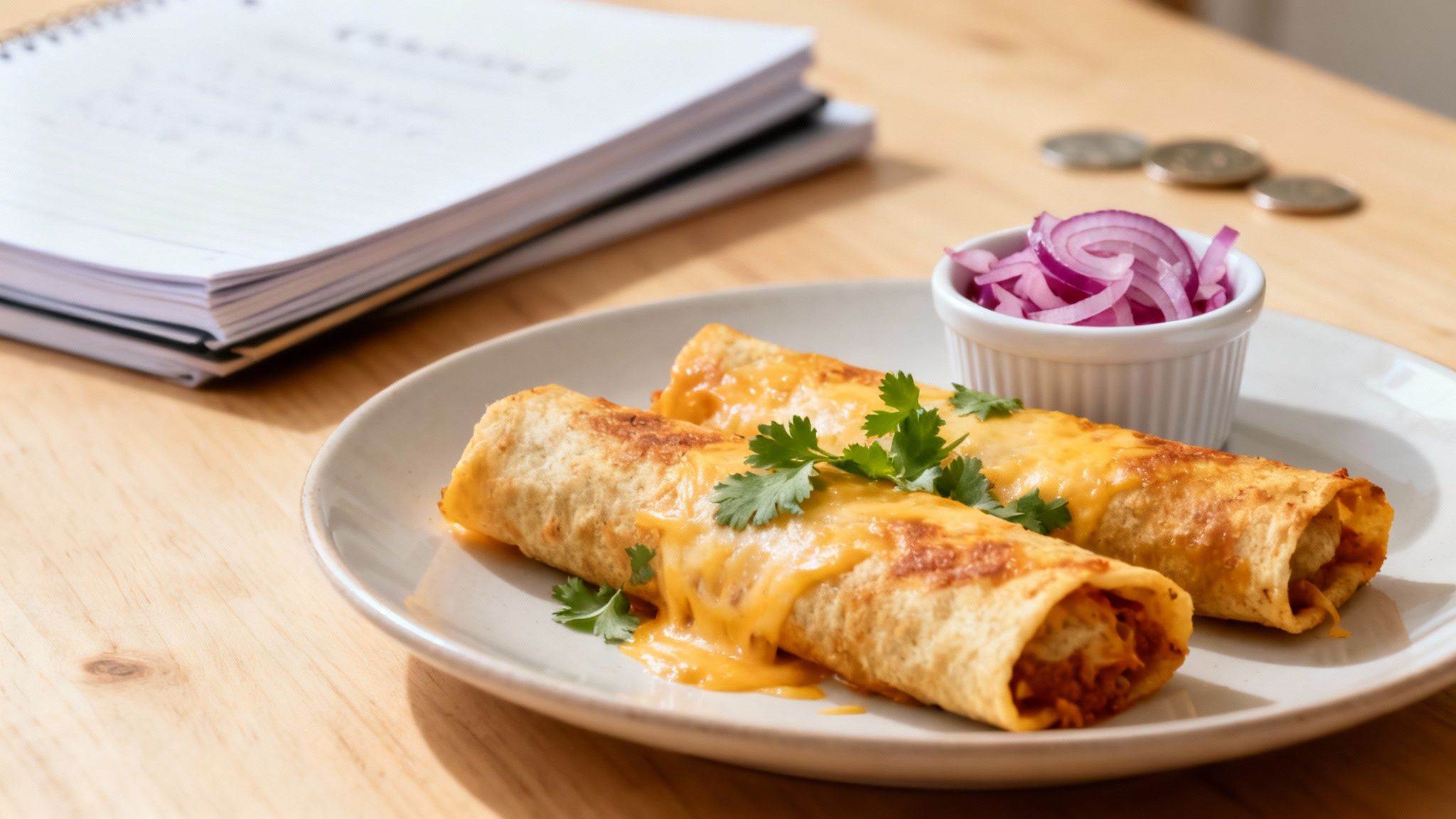 Your Ultimate Easy and Cheap Enchiladas Recipe 1 Two cheesy enchiladas garnished with cilantro and red onions, served on a wooden table with notebooks.