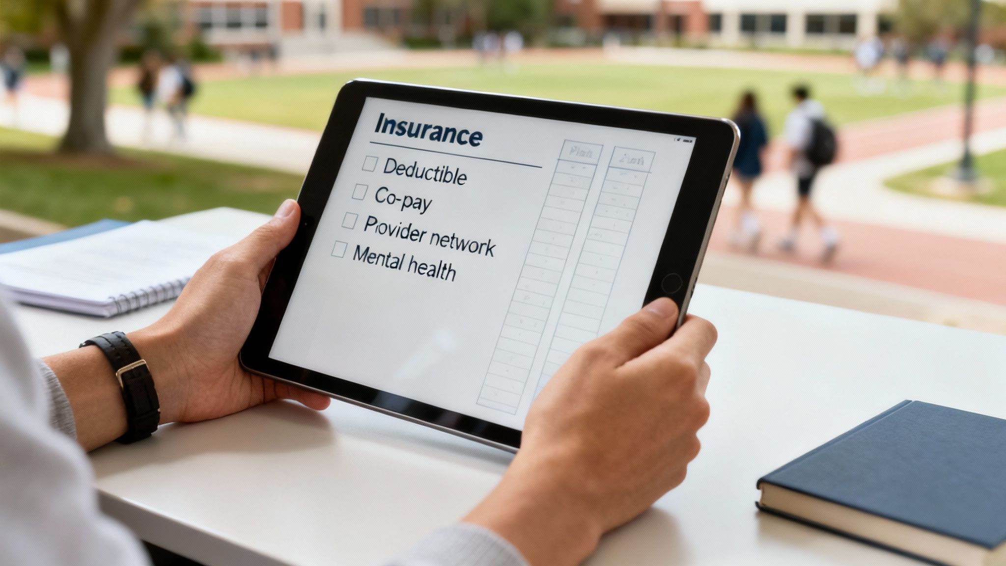 A student holds a tablet displaying an insurance checklist, comparing different plan features on campus.