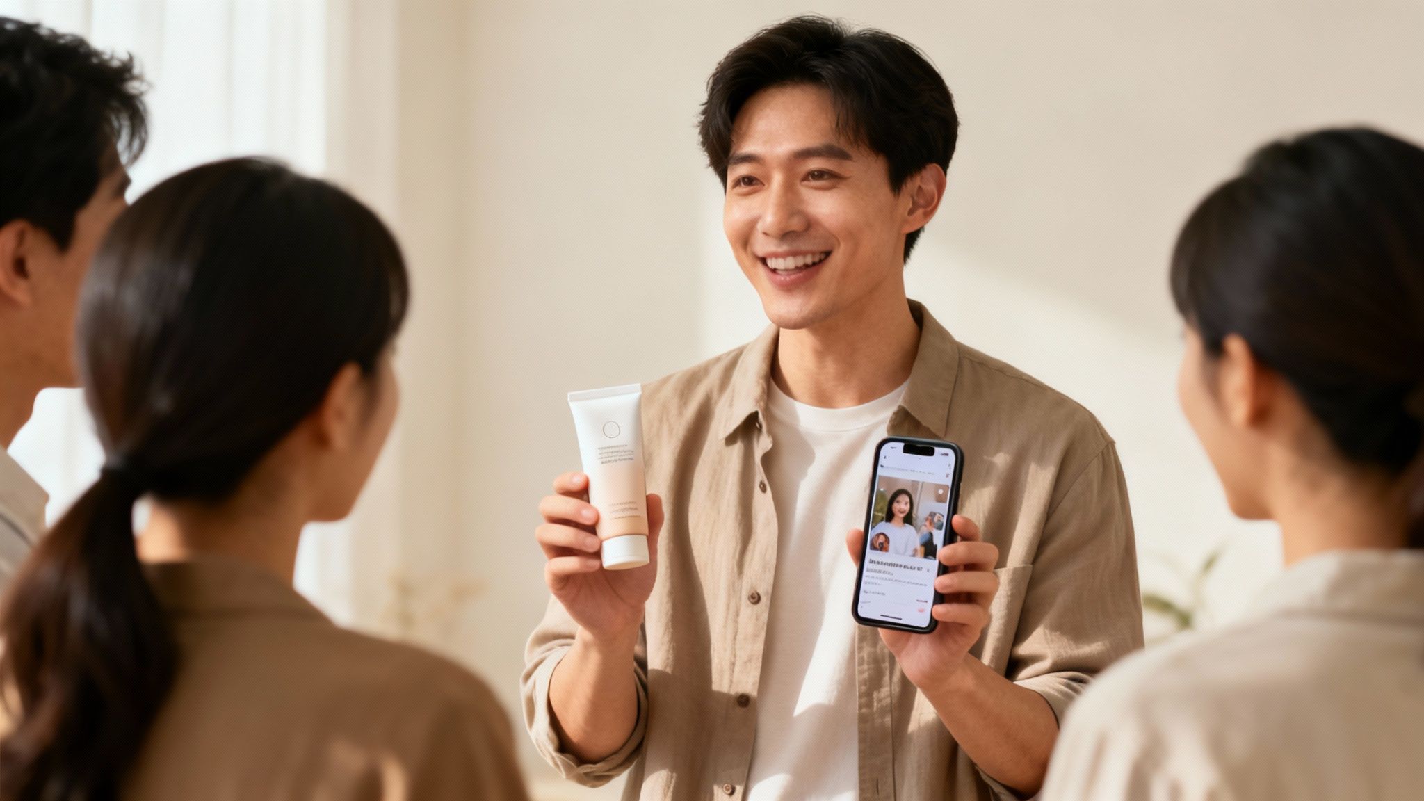 Asian man presenting skincare product and smartphone app to audience in brand ambassador demonstration