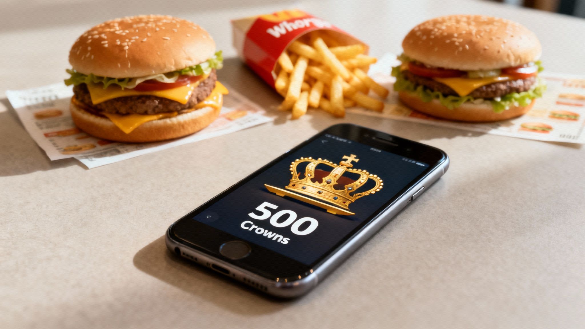 Your Guide to Burger King Birthday Freebies 4 Smartphone displaying 500 crowns loyalty points next to Burger King burgers and french fries