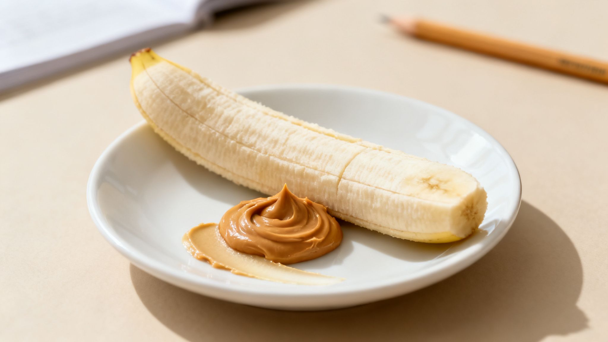 A peeled banana and a dollop of peanut butter on a white plate, ready to eat.