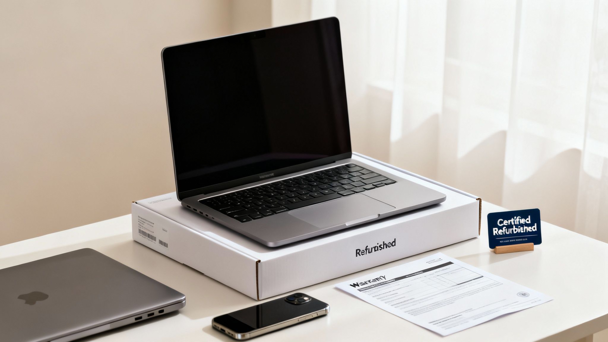 A silver refurbished MacBook Pro sits open on its box, with another laptop, smartphone, and warranty document.