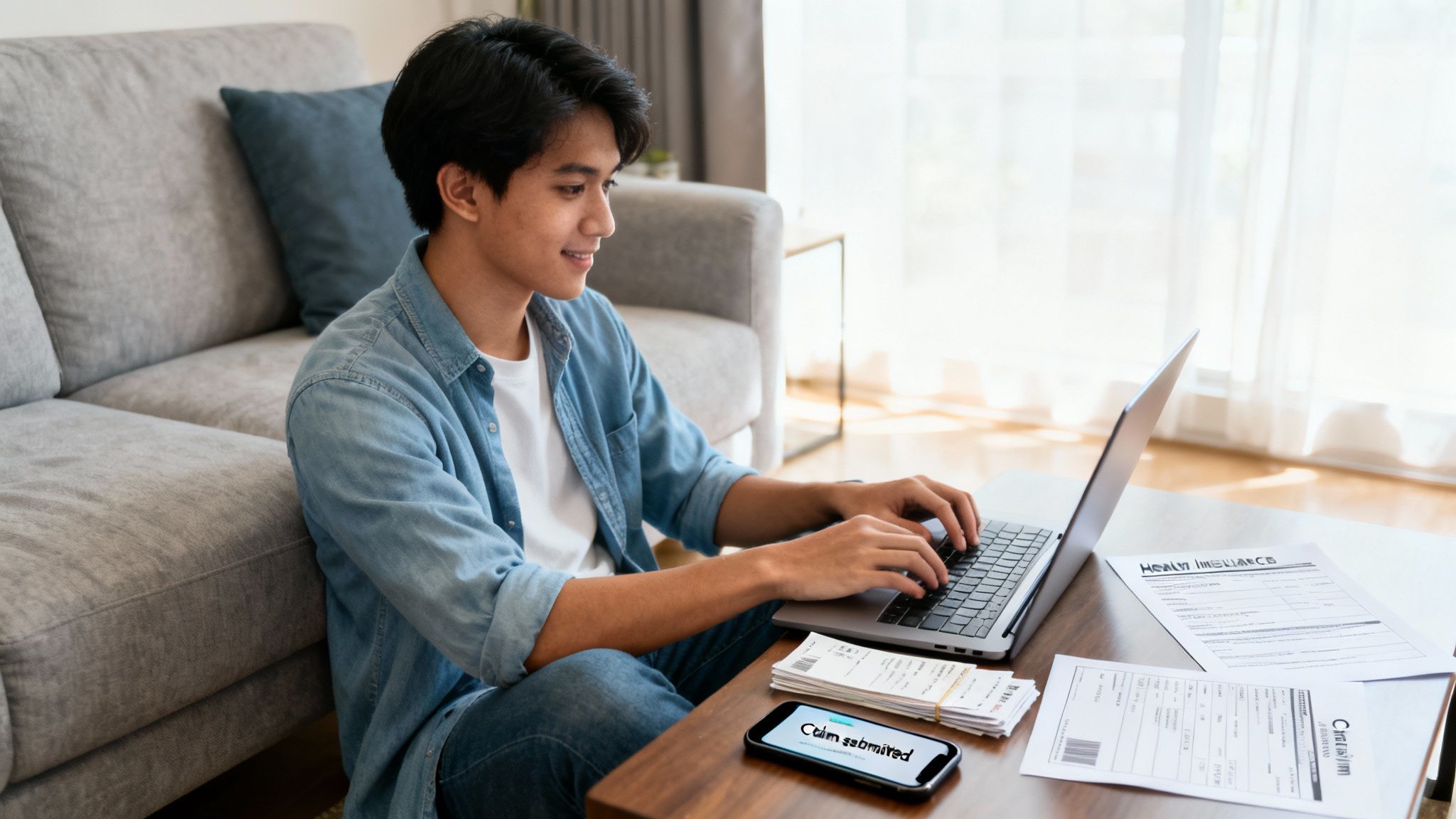 Young Asian man smiling, applying for health insurance online with laptop and smartphone.