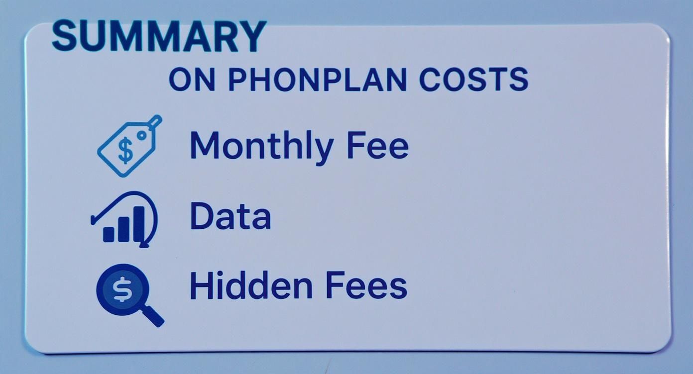 Finding the Best Cheap Phone Plans for Students 2 A summary card illustrating phone plan costs, including monthly fees, data, and hidden fees.