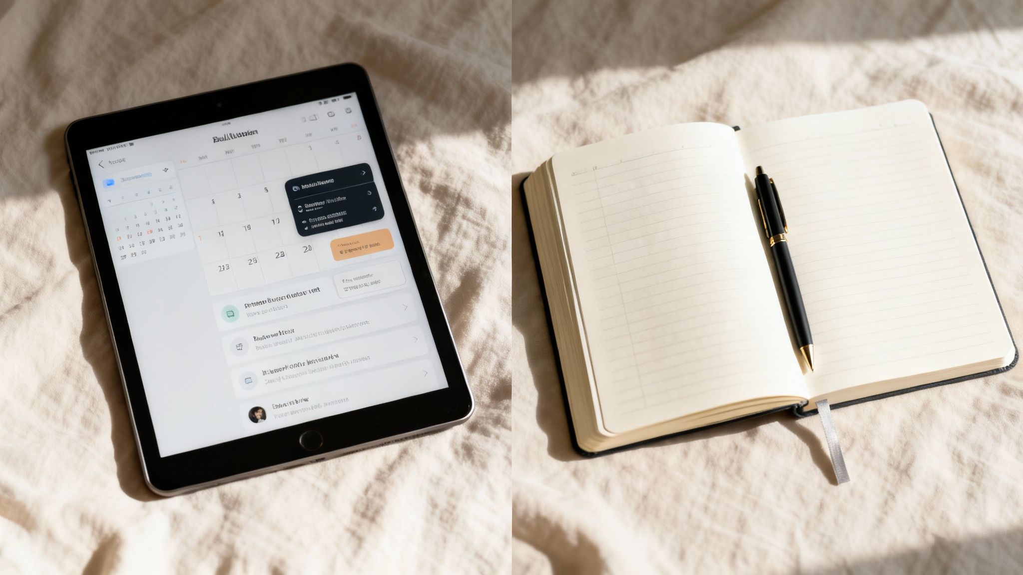Build an Exam Study Planner That Actually Boosts Your Grades 3 A digital tablet displaying a calendar app next to an open notebook with a pen on a light surface.