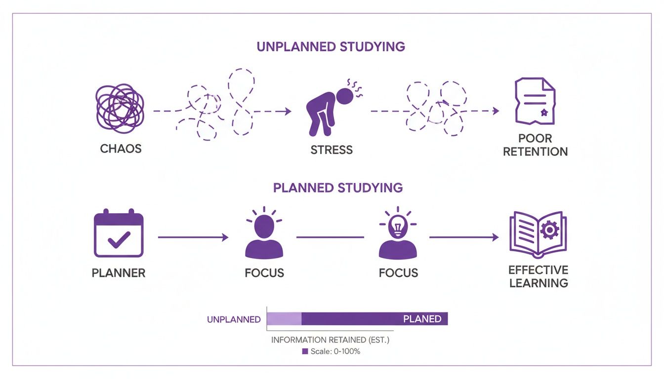 Build an Exam Study Planner That Actually Boosts Your Grades 1 Infographic comparing unplanned studying leading to poor retention versus planned studying leading to effective learning.