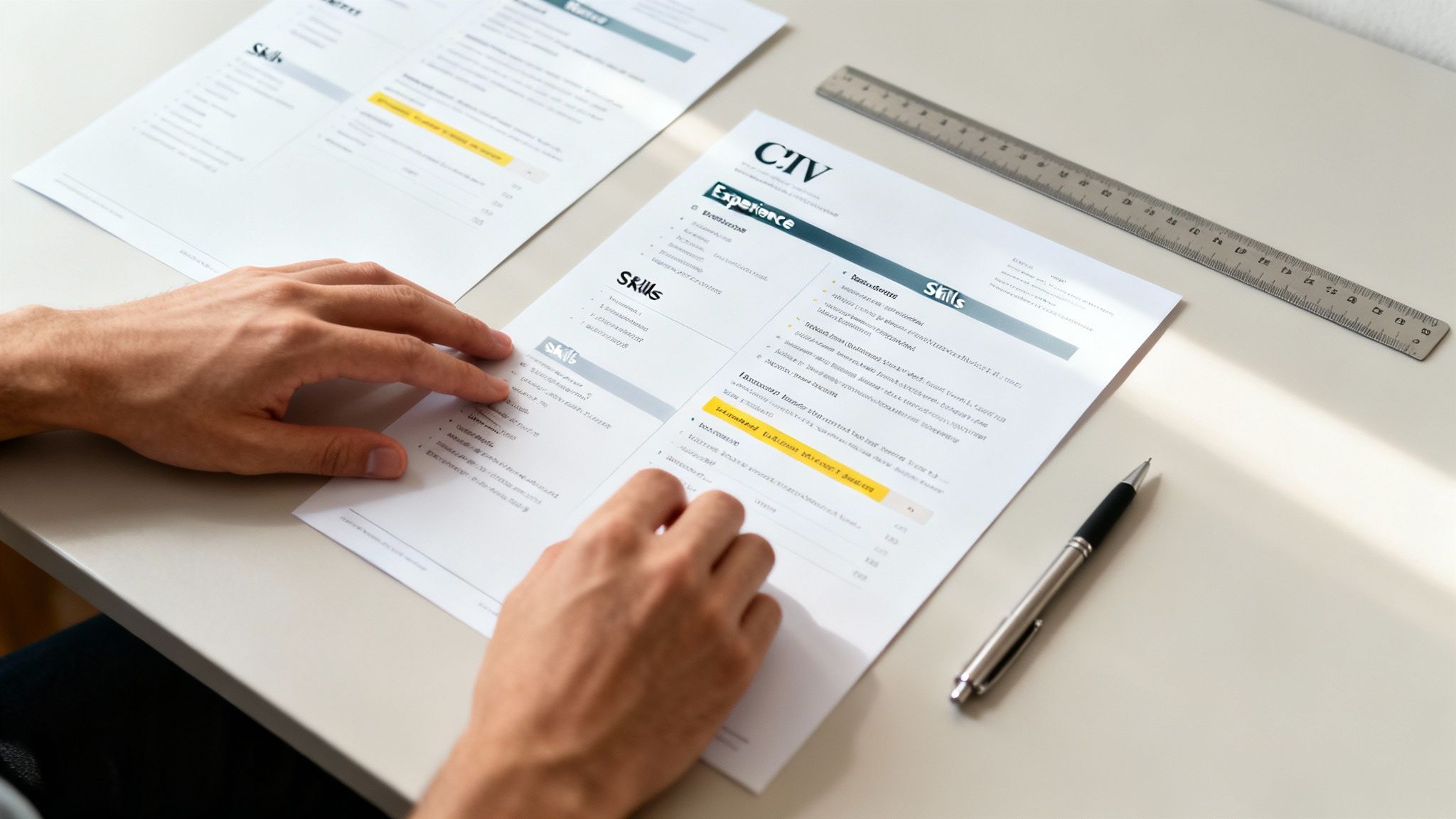 A person's hands reviewing multiple CV documents on a desk with a ruler and pen.