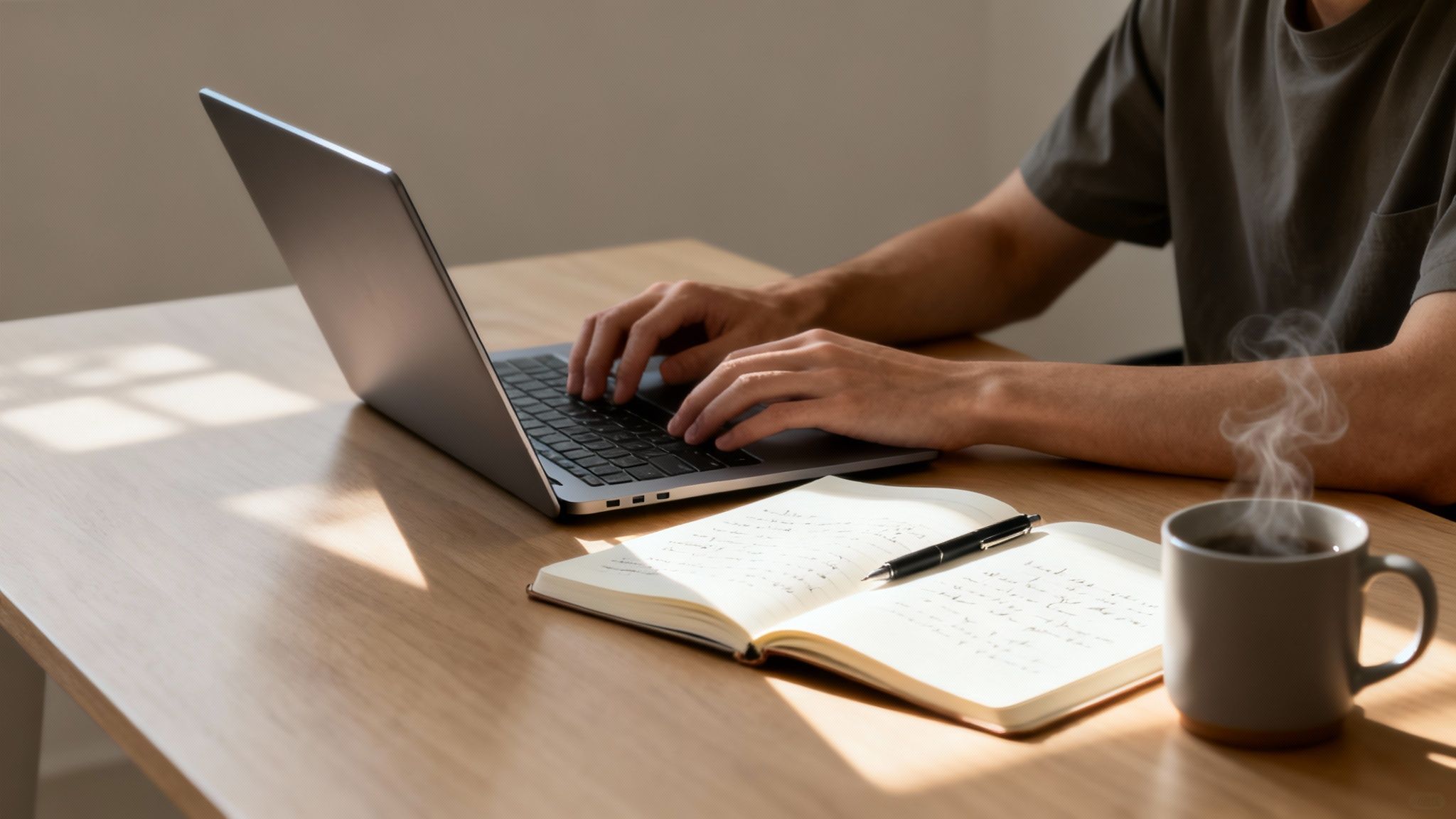 Person typing on a laptop at a wooden desk with an open notebook and a steaming coffee cup.