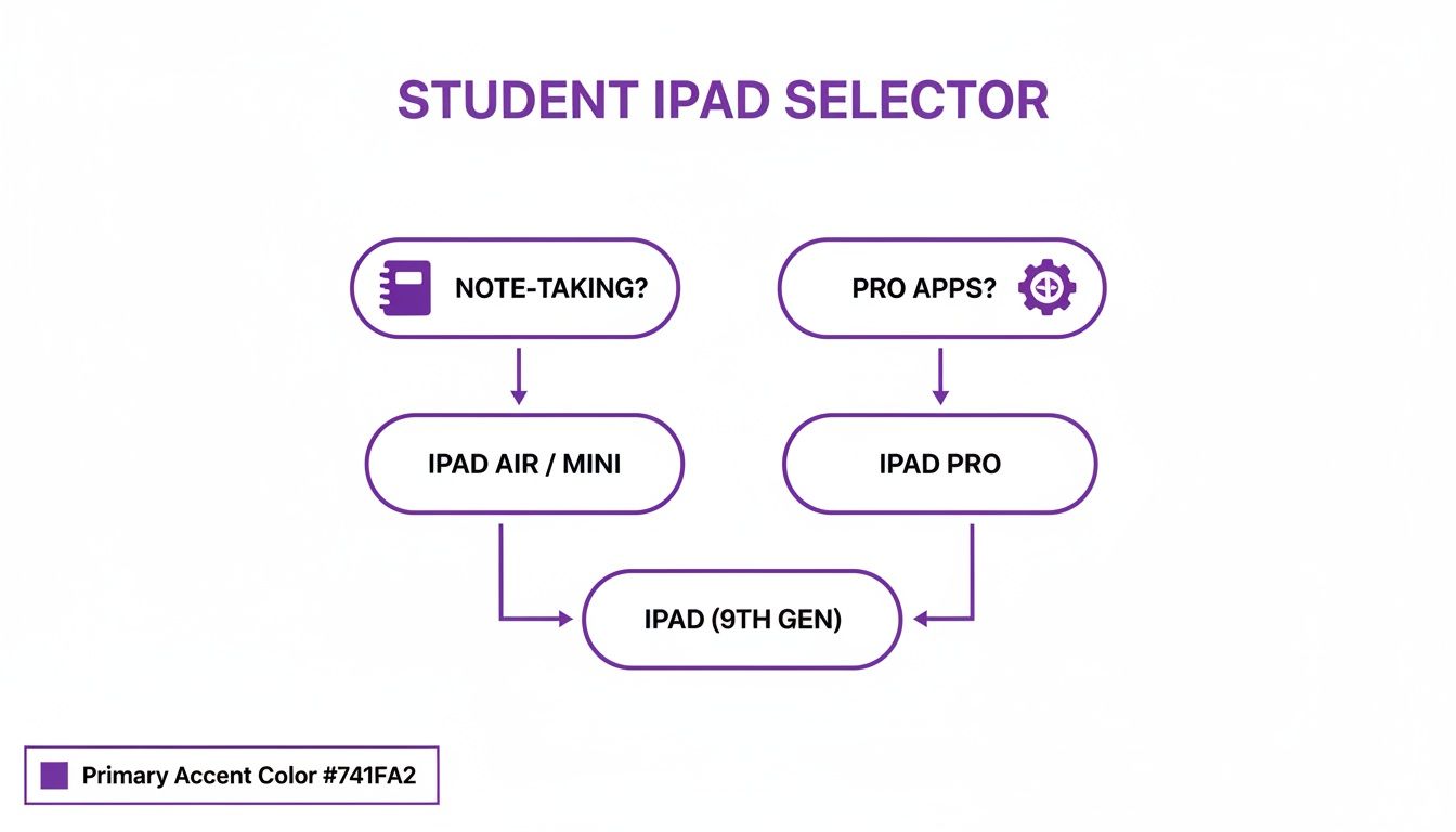 A flowchart titled 'Student iPad Selector' guides students based on needs like note-taking or pro apps.