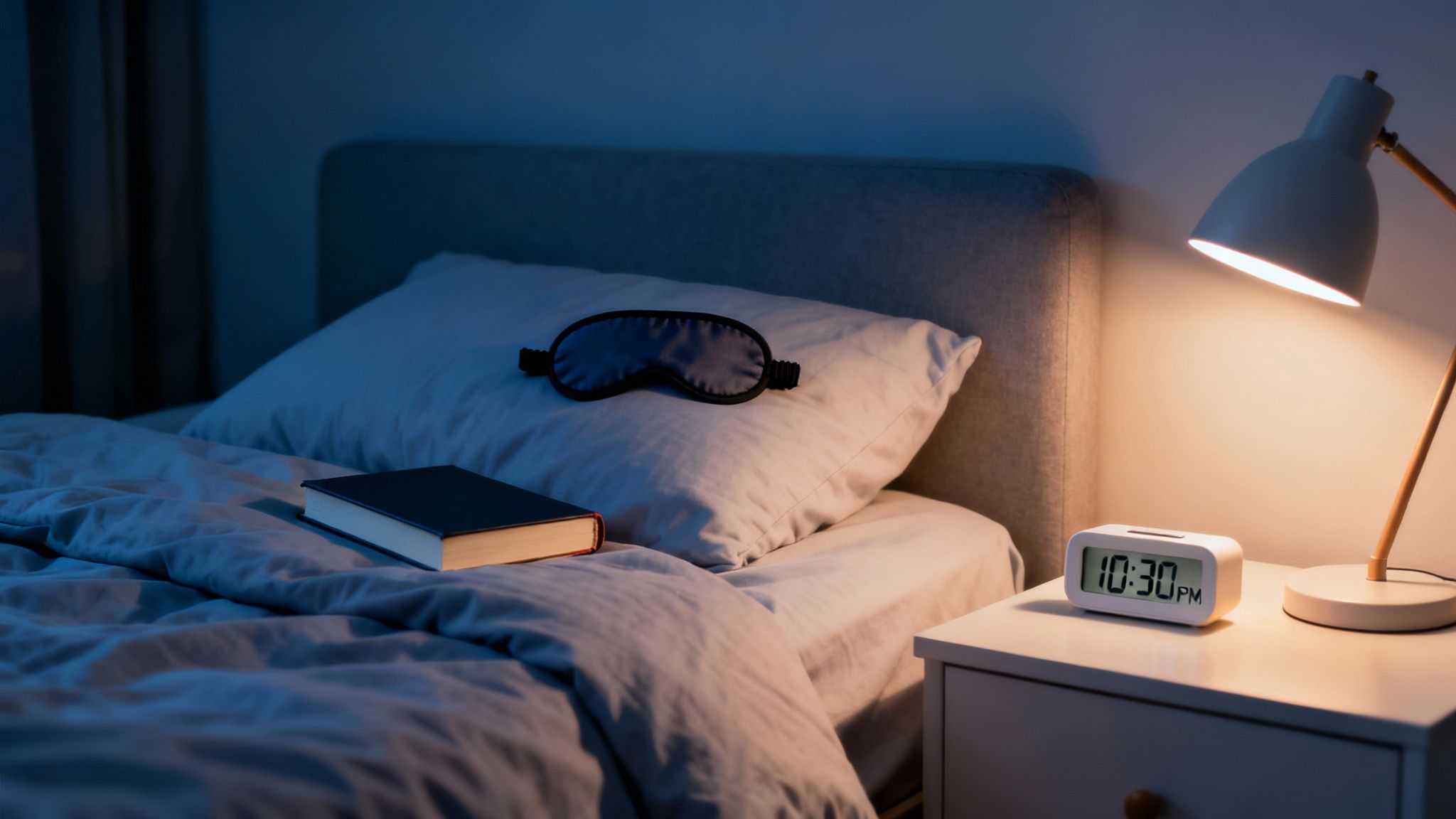 Your Ultimate Checklist: 8 Proven Strategies for the Night Before a Test 1 A cozy bedroom scene at night with a bed, book, sleep mask, and an alarm clock showing 10:30 PM.