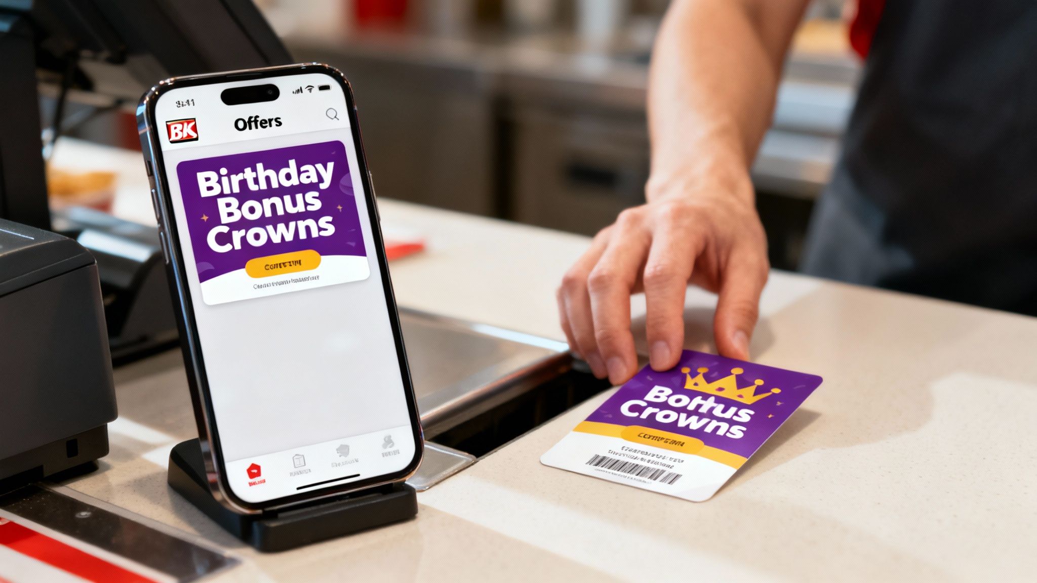 Your Guide to Burger King Birthday Freebies 3 Customer presenting Burger King Bonus Crowns loyalty card at checkout counter with mobile app displayed