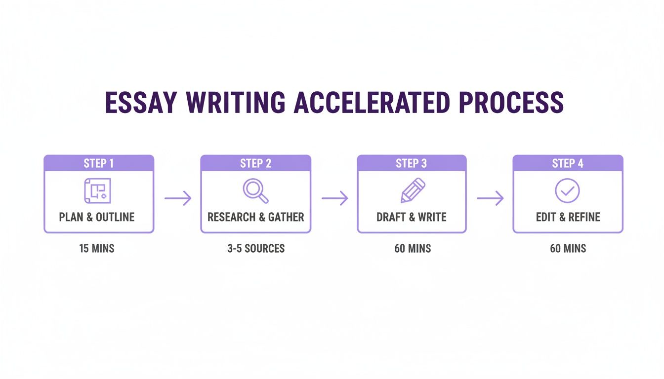 How Can I Write Essays Faster Without Sacrificing Grades 1 A four-step accelerated process for essay writing: plan, research, draft, and edit with time estimates.