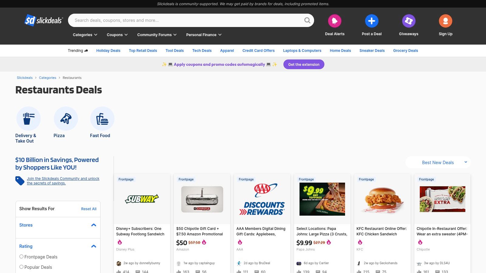 The Slickdeals restaurant deals page showing a list of current offers for various fast-food chains and restaurants.