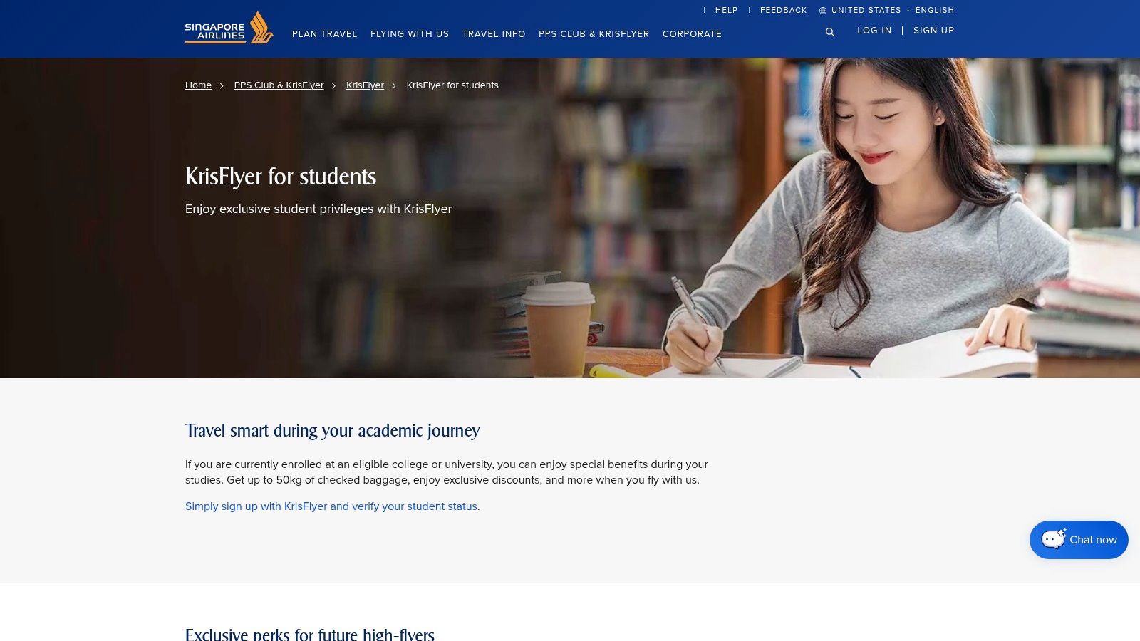A student studying on a laptop in an airport lounge, representing the benefits of the Singapore Airlines student program.