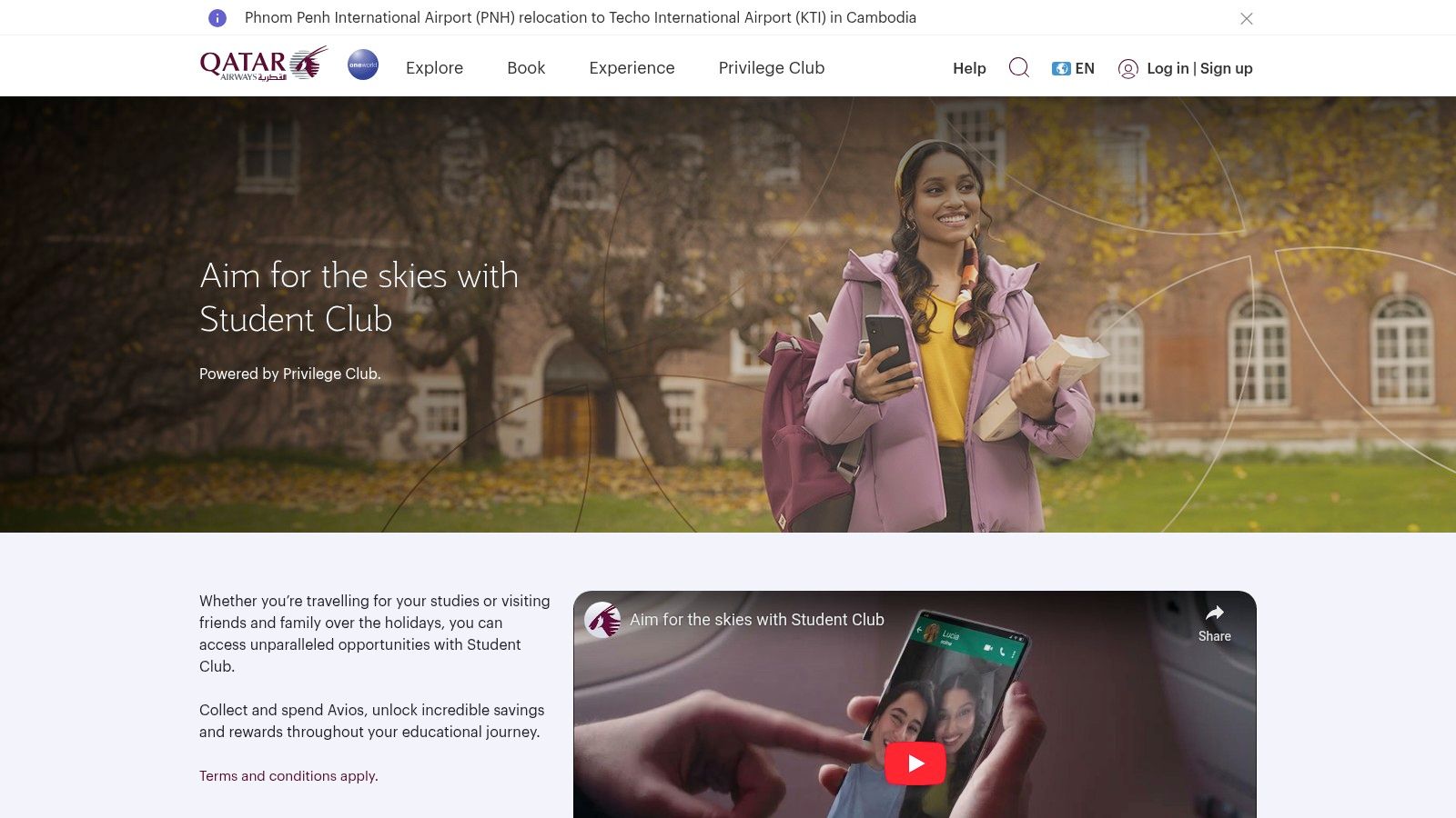 7 Airlines with Student Discounts You Need to Know in 2025 3 Qatar Airways Student Club landing page showing students and promoting exclusive benefits.