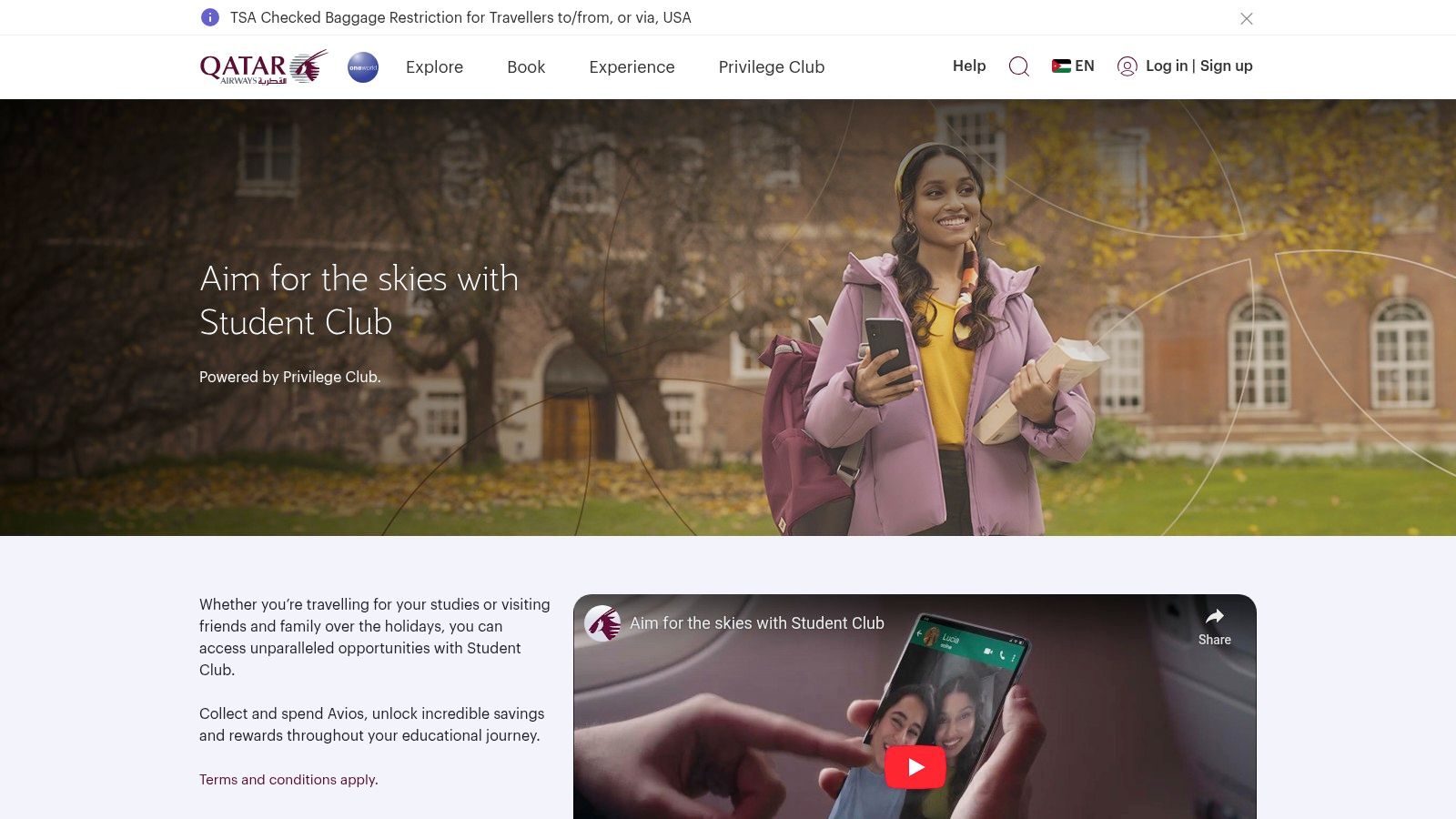 The Qatar Airways Student Club homepage showing a student with a backpack and advertising program benefits.