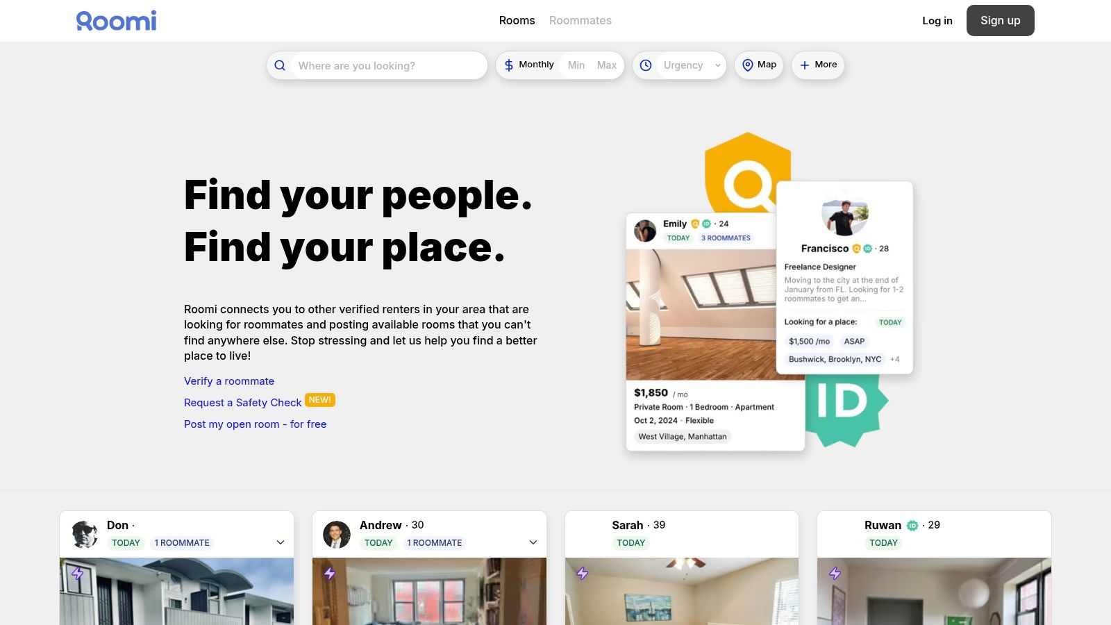 Roomi roommate search app interface showing user profiles with photos, compatibility details, and a messaging function.