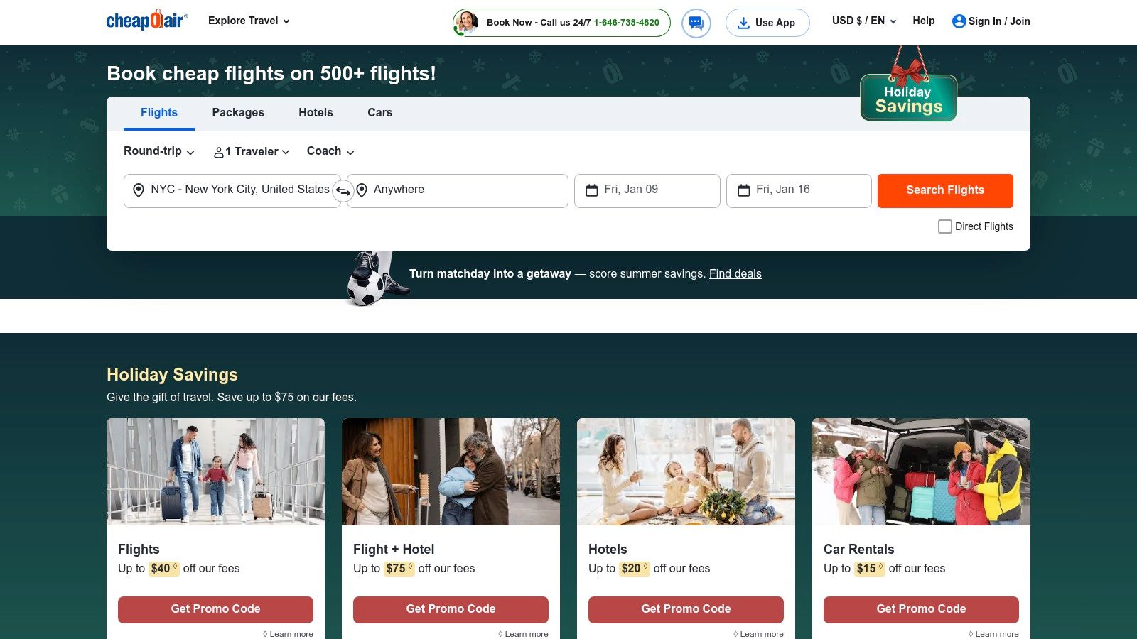 The CheapOair app interface showing flight search results and promotional banners.