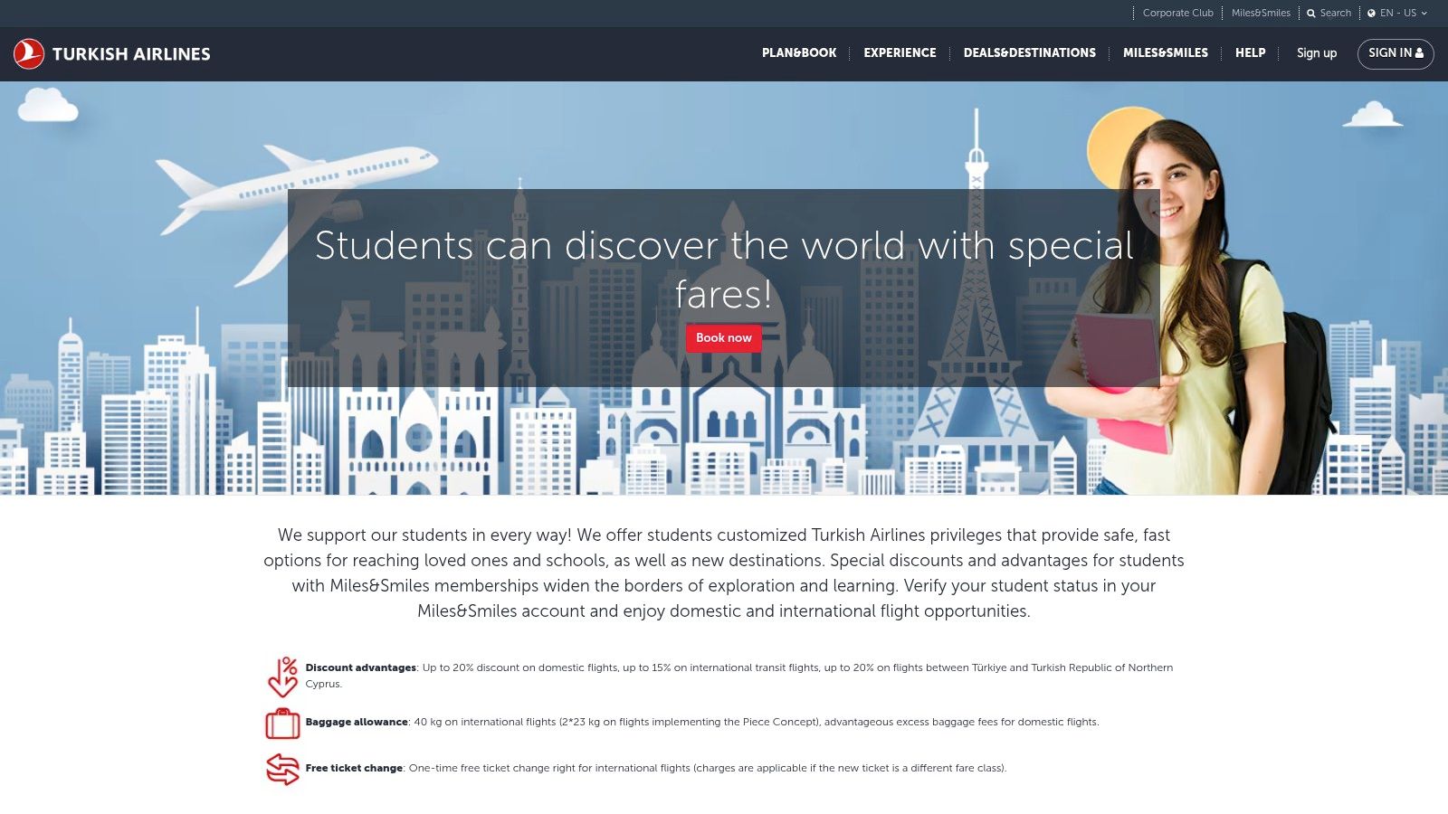 7 Airlines with Student Discounts You Need to Know in 2025 4 Turkish Airlines student discount page showing benefits like fare discounts and extra baggage allowance.