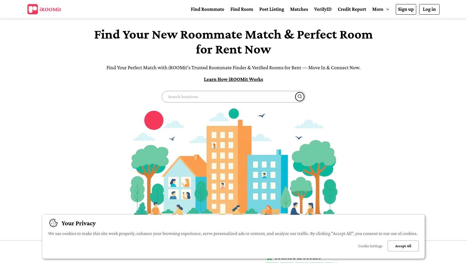 iROOMit roommate finder page showing profiles with photos and basic details.