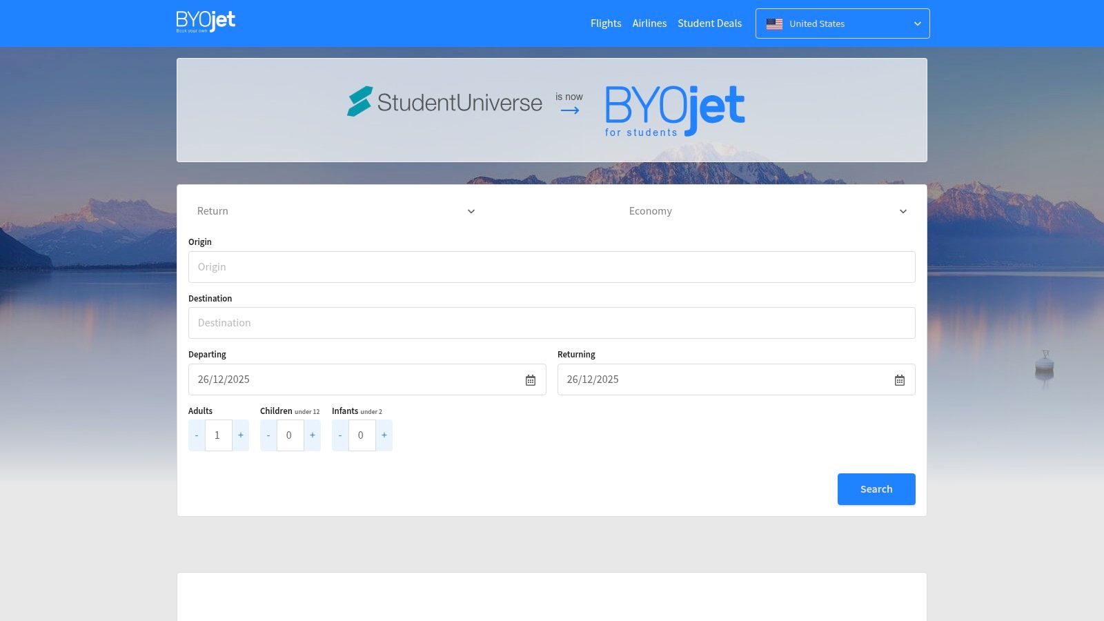 Flight search interface on BYOjet for Students showing fields for origin, destination, and dates, with a checkbox for 'Students & Youth'.