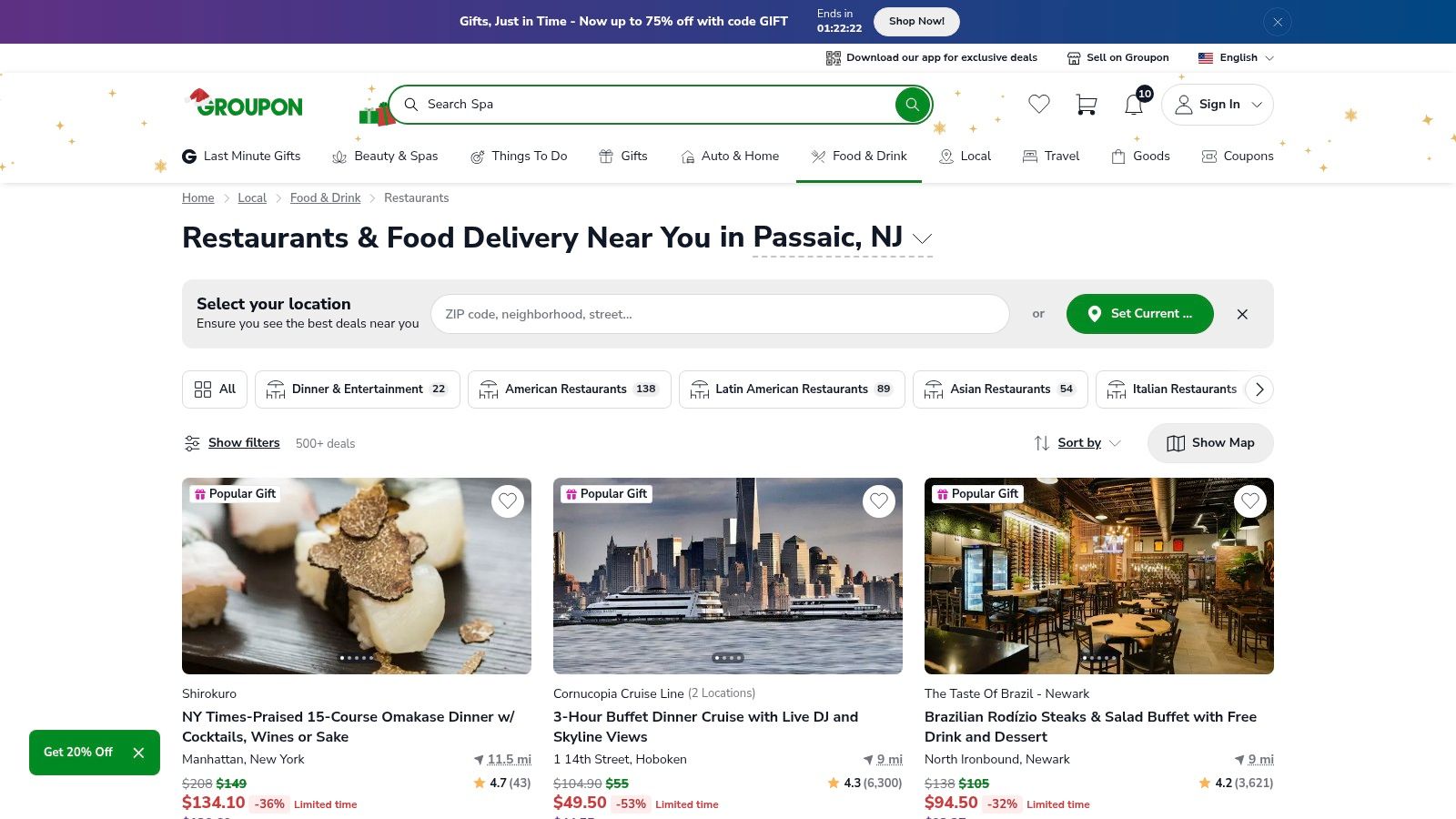 A person using the Groupon mobile app to find local restaurant deals, showcasing the user interface with various food offers.