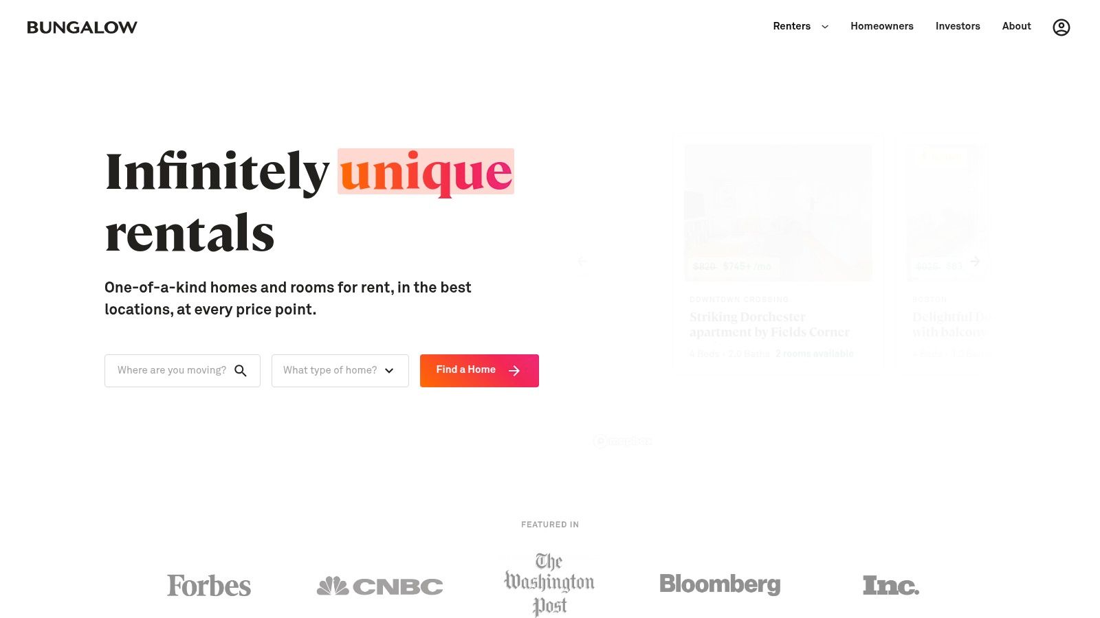 Bungalow rental homepage showing stylishly furnished living spaces.