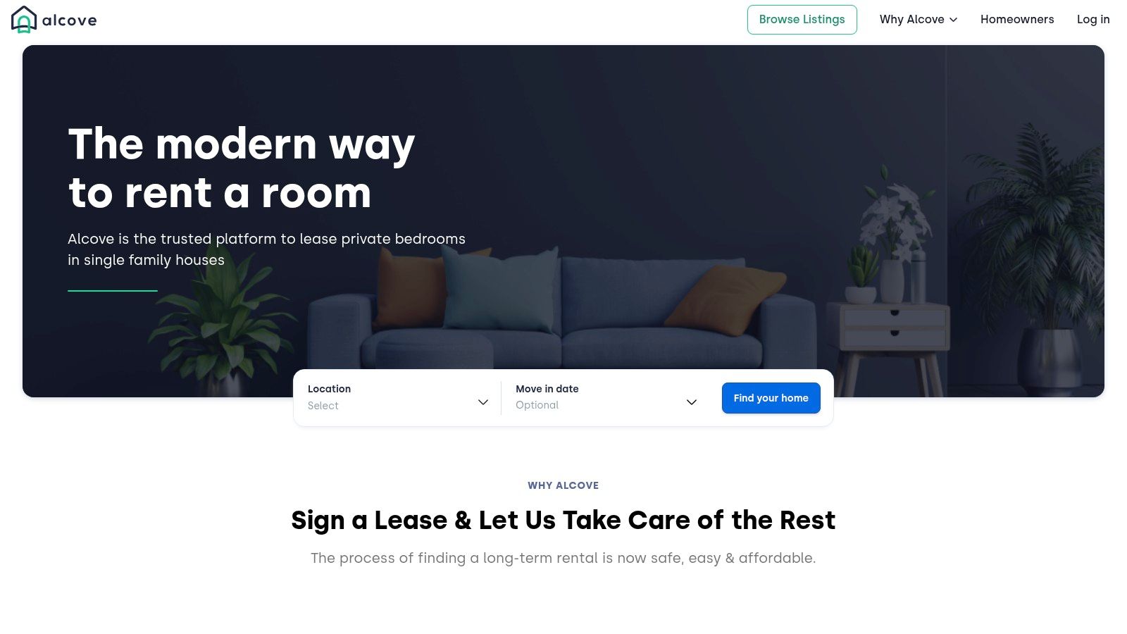 Alcove room rental listing showing a furnished bedroom and property details.