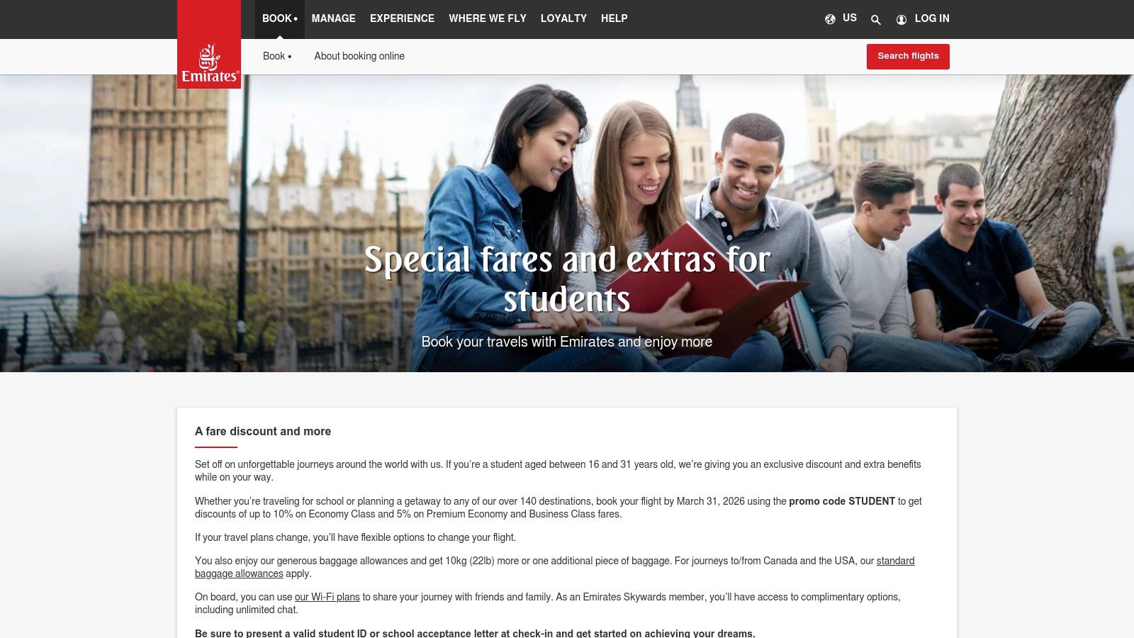 7 Airlines with Student Discounts You Need to Know in 2025 2 Emirates Students offer page displaying benefits like extra baggage and flexible date changes.