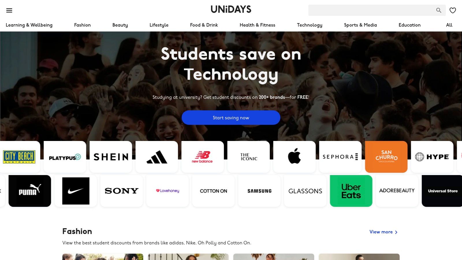 A screenshot of the UNiDAYS website showcasing a variety of brand discounts available to students.