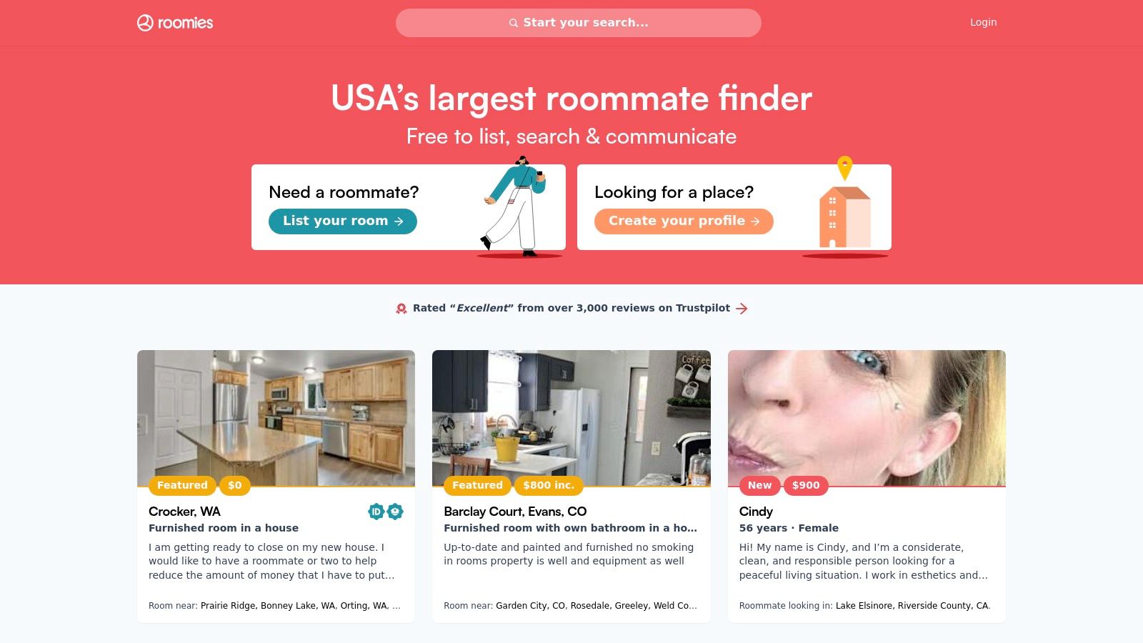 Roomies roommate listings page showing profiles with photos and basic details.