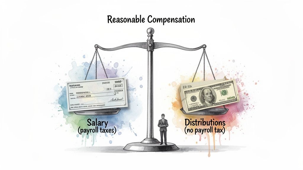 A scale balances salary with payroll taxes and distributions without payroll tax, titled 'Reasonable Compensation'.