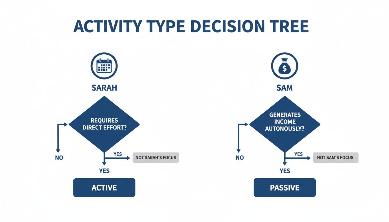 Decision tree diagram illustrating how to classify activities as active or passive.