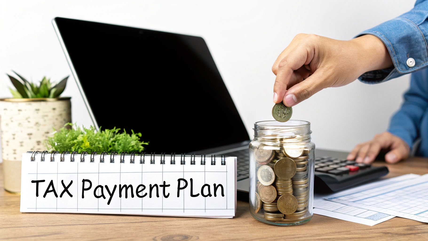 Person depositing coin into jar labeled tax payment plan with laptop and calculator on desk