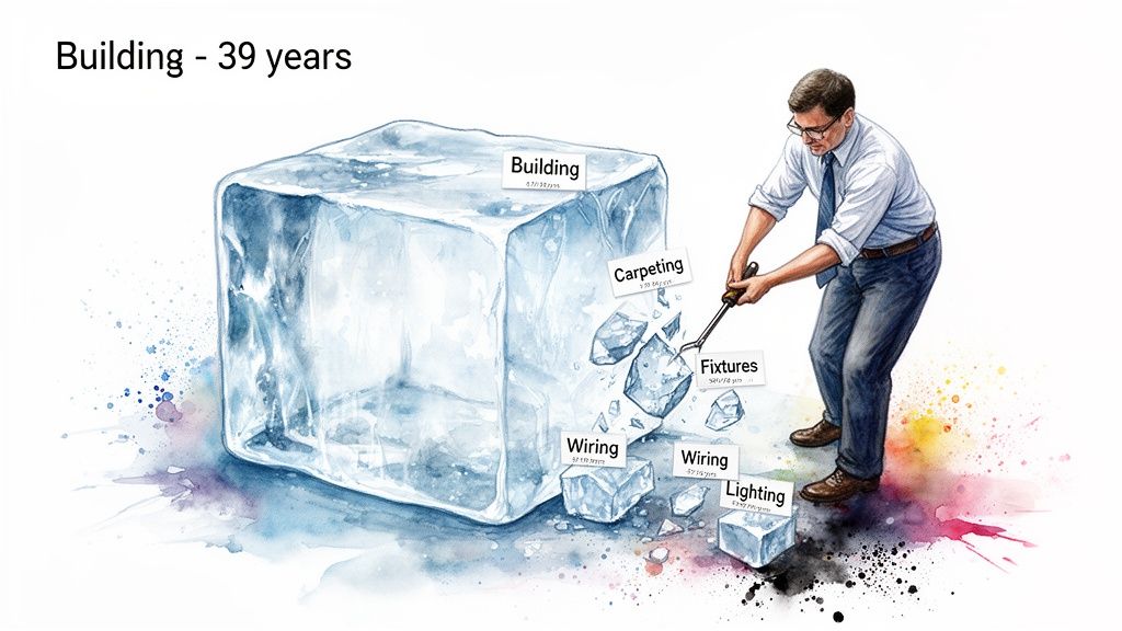 A man uses an ice pick to break a building ice cube into smaller components like carpeting and wiring for cost segregation.