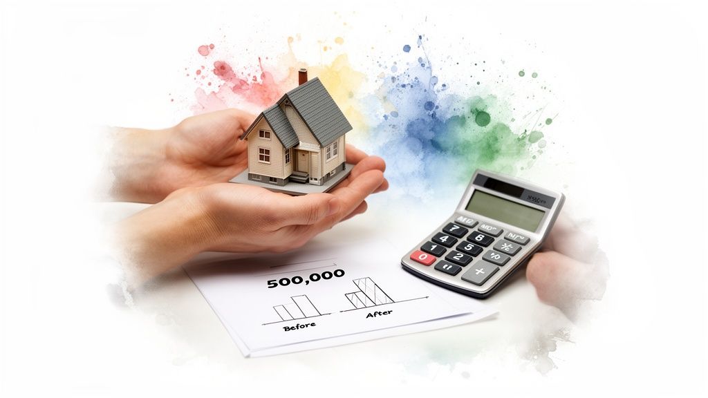 Hands holding a model house, with a calculator and a chart showing financial growth, representing property investment.