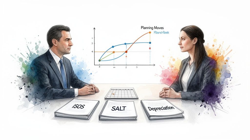 Two business professionals discussing financial planning with binders labeled ISOS, SALT, and Depreciation.