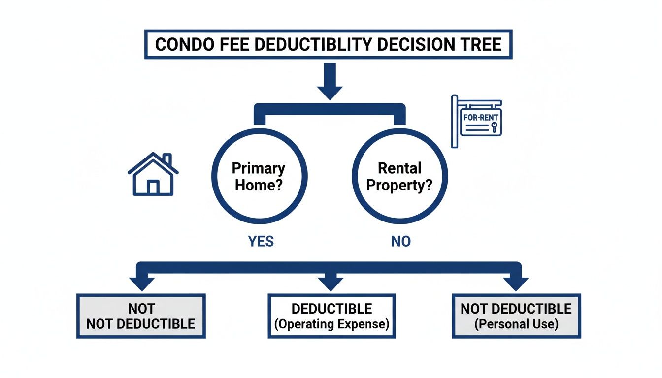 A decision tree flowchart illustrating the deductibility of condo fees based on property use (primary home vs. rental).