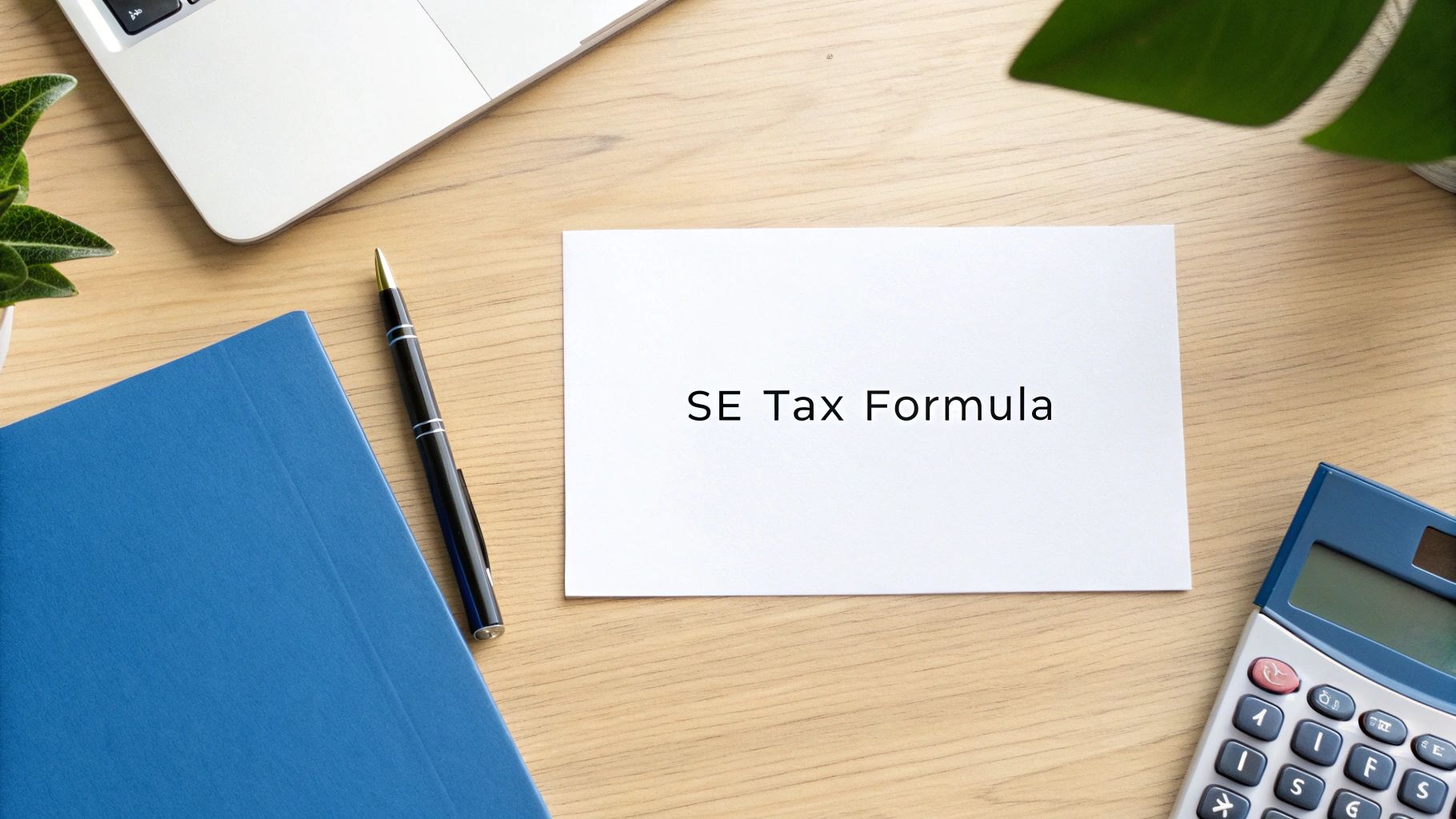 A top-down view of a desk with a white card displaying 'SE Tax Formula', surrounded by office items.