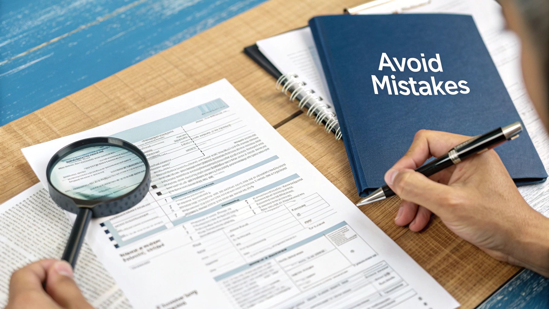 Person checking documents with a magnifying glass and pen, beside a binder titled 'Avoid Mistakes' on a desk.