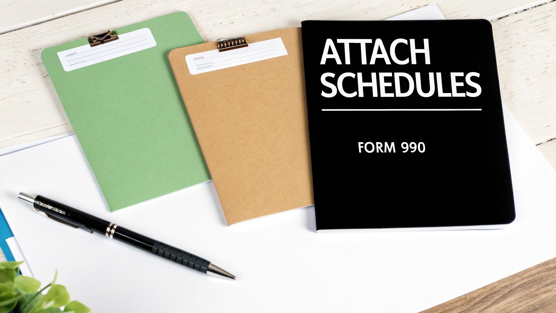 A black notebook with 'ATTACH SCHEDULES FORM 990' text, alongside green and brown clipboards and a pen on a white desk.