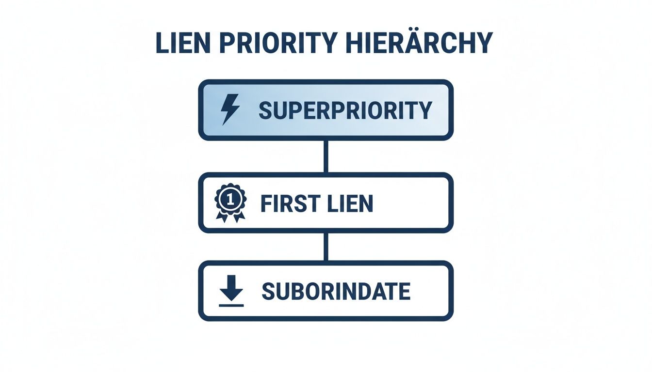 Lien priority hierarchy diagram illustrating superpriority, first lien, and subordinate levels with icons.