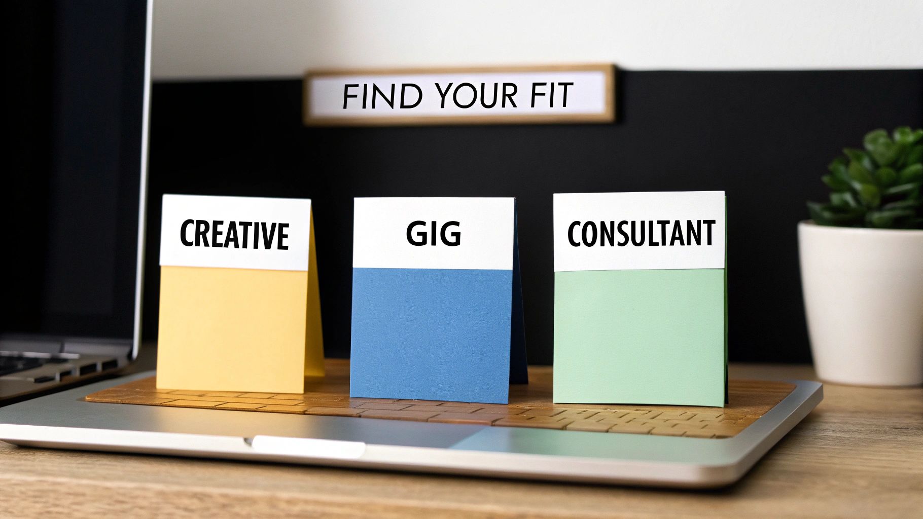 Three different self-employed professionals working in their respective environments a creative in a studio, a gig worker in their car, and a consultant in a home office.