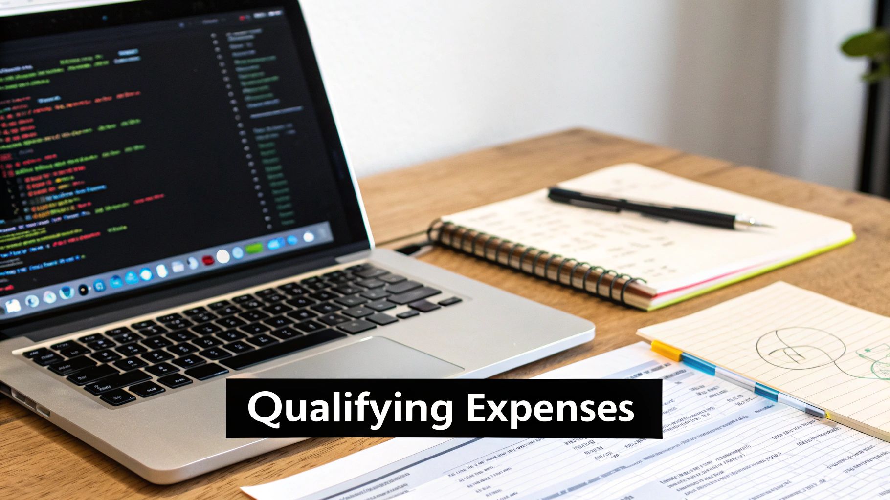 A professional workspace featuring a laptop displaying code, notebooks, and documents, with text 'Qualifying Expenses'.